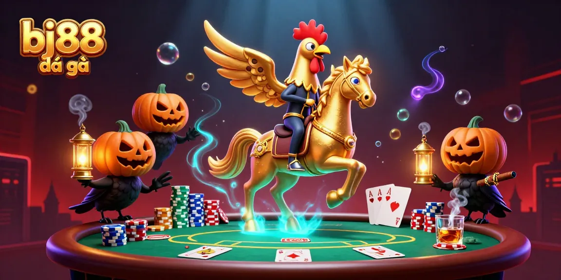Experience the thrilling bj88 đá gà with a golden rooster and poker elements in a vibrant casino scene.