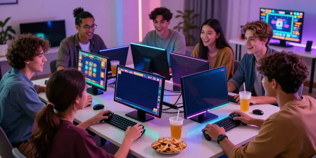 Friends enjoying slot gacor games on a big screen in a modern gaming room.