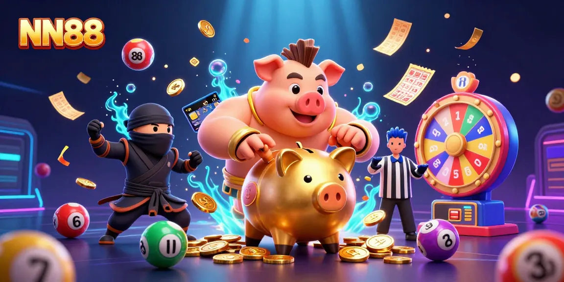 Engage with NN88's vibrant casino world through a dynamic 3D illustration filled with exciting characters and game elements.