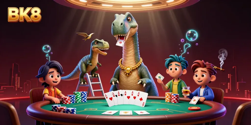 Engage in thrilling poker action at BK8 with vibrant casino atmosphere and dynamic characters.