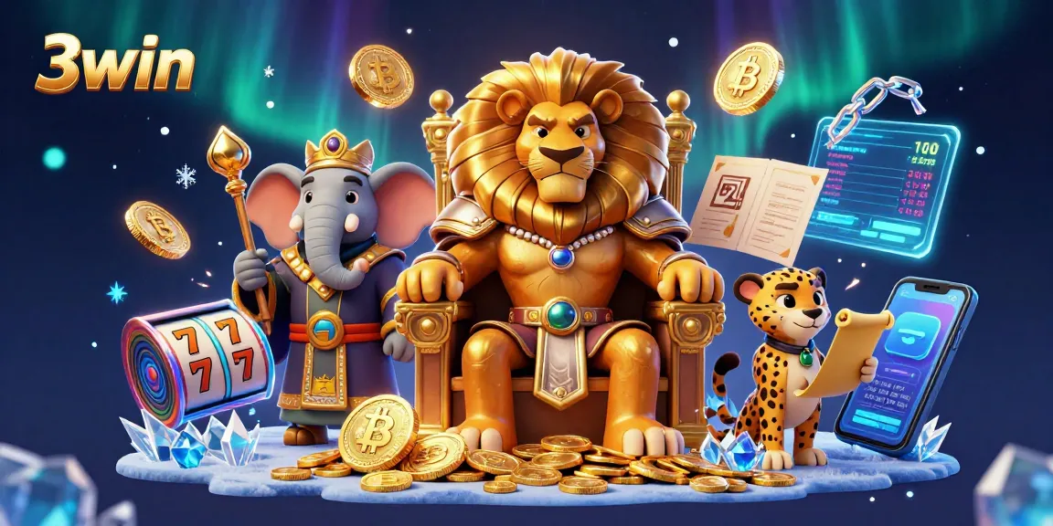 Engage with the vibrant 3win casino scene featuring a fierce lion king and gold coins.