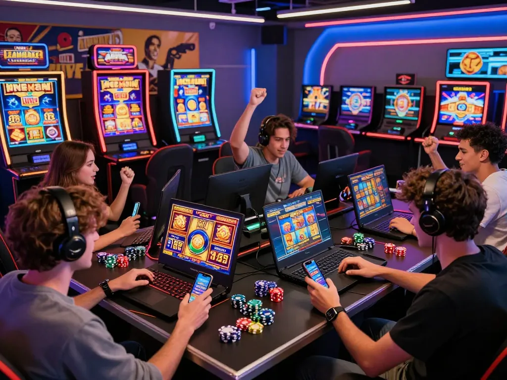 Menampilkan adegan permainan yang menarik dengan pemain menikmati laoban188 slot gacor terpercaya di laptop dan smartphone, dalam lingkungan studio modern yang vibrant.