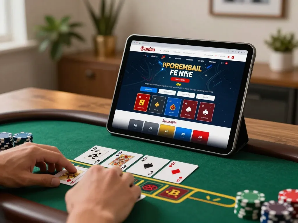 88aa player strategizing blackjack with a tablet display in stylish home office.