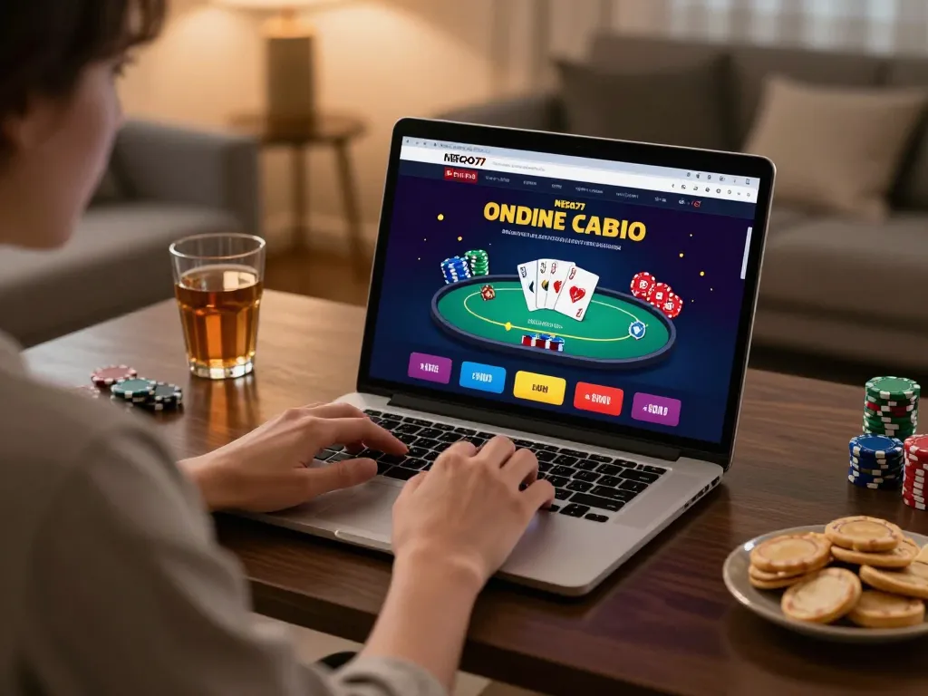 Playing poker on NEGO77 online casino setup, showcasing dynamic gameplay and comfortable home atmosphere