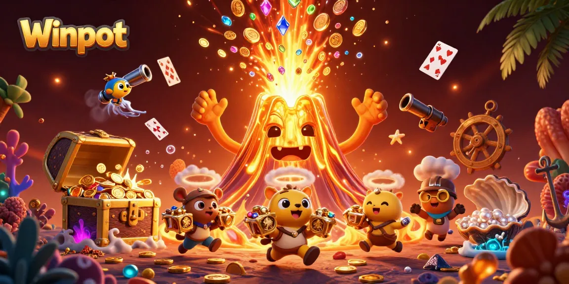 Winpot casino features a triumphant golden volcano erupting treasures with vibrant game elements surrounding it.