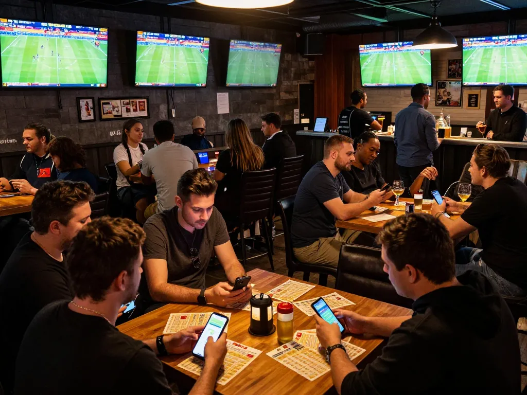 Engaged patrons placing bets at a nhà cái sports betting bar with lively atmosphere.