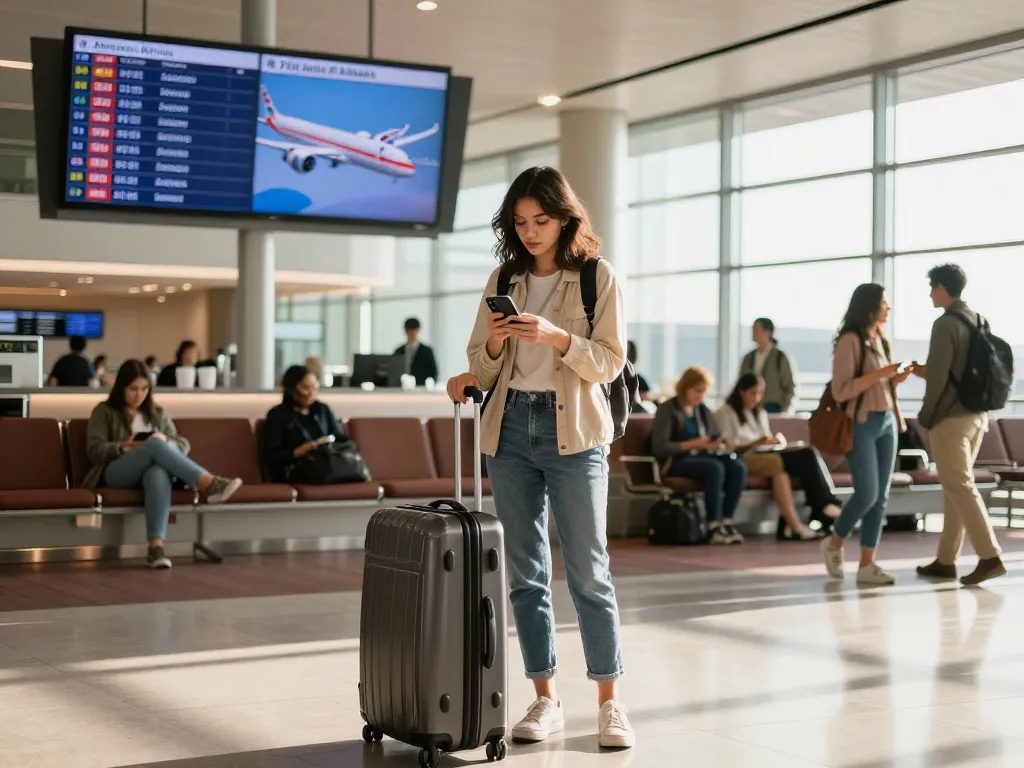 Traveler checking flight details for 789P at a vibrant airport terminal.