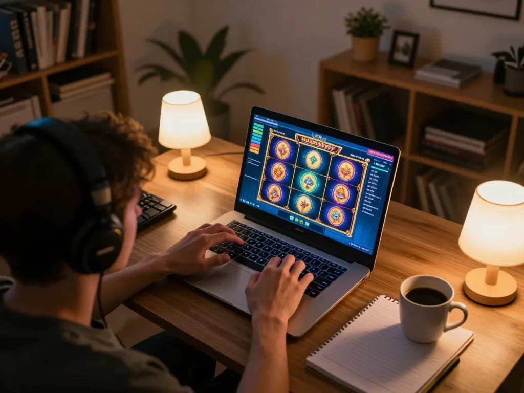 Play slot games online at luck88com with engaged player in cozy home environment