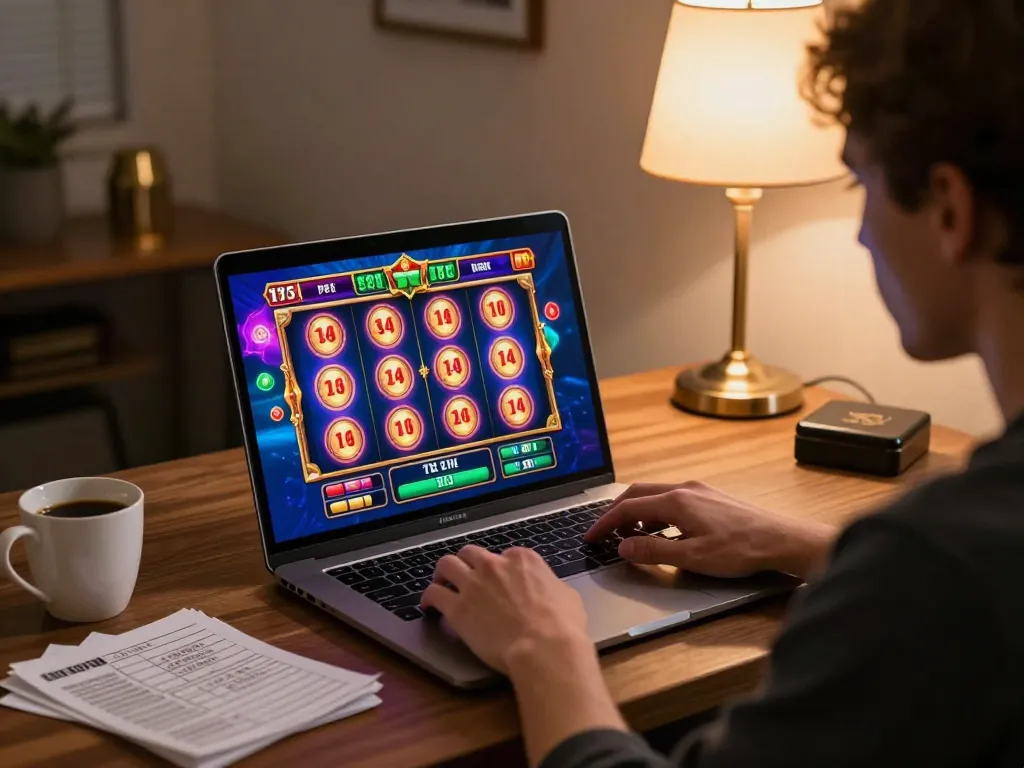 Engaging online gaming scene with vn23 slot games displayed on laptop, cozy home office atmosphere
