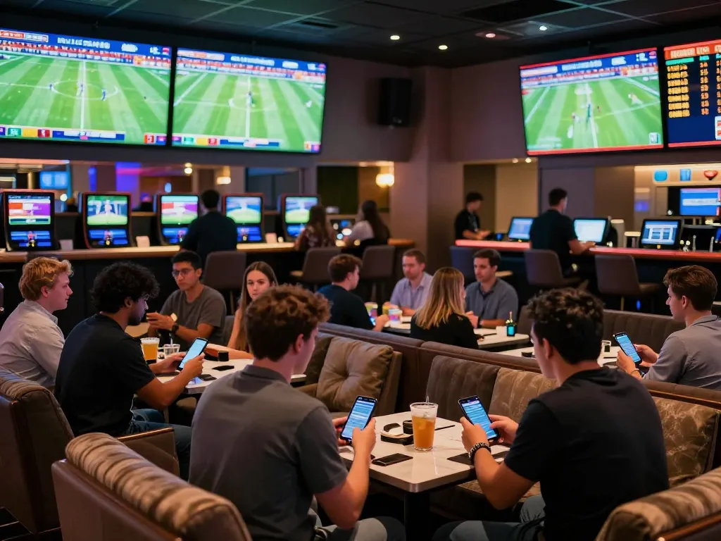 Xoilac provides an engaging sports betting experience with fans placing bets in a vibrant lounge.