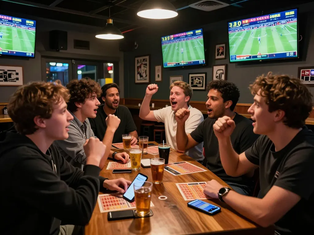 Fans engaged in sports betting excitement at UU88, enjoying drinks and placing bets in a lively bar.