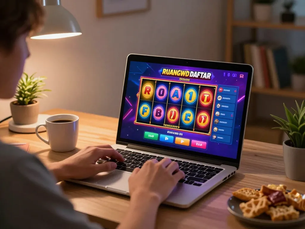 Engaging in online gaming with RUANGWD DAFTAR slots on a laptop, cozy home setup with snacks.
