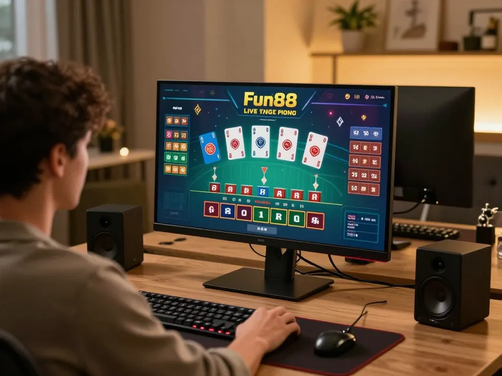 Engaging in a Fun88 live dealer game on a stylish workstation, showcasing online gaming excitement.