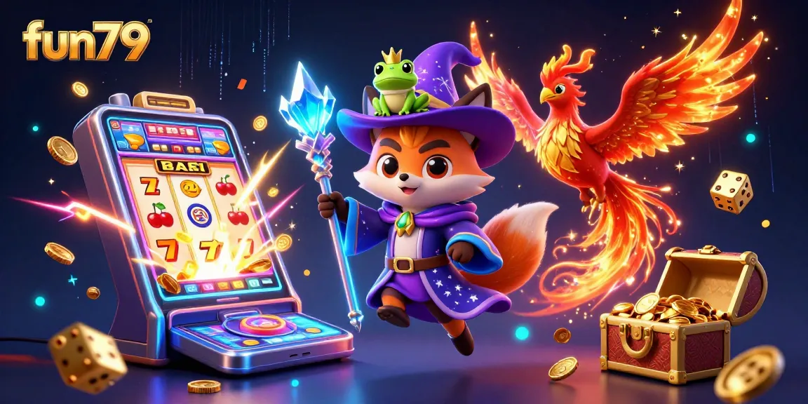 Experience the thrill of fun79 with a mystical wizard fox and captivating game elements in a dazzling scene.