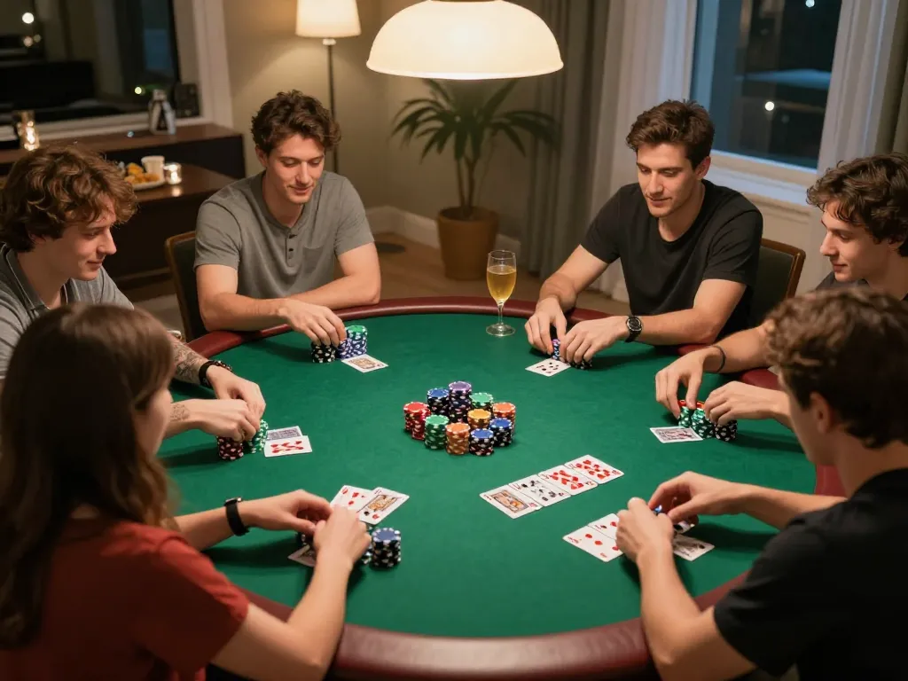 Friends enjoying a poker night at home while playing bk8 games, creating a vibrant atmosphere.