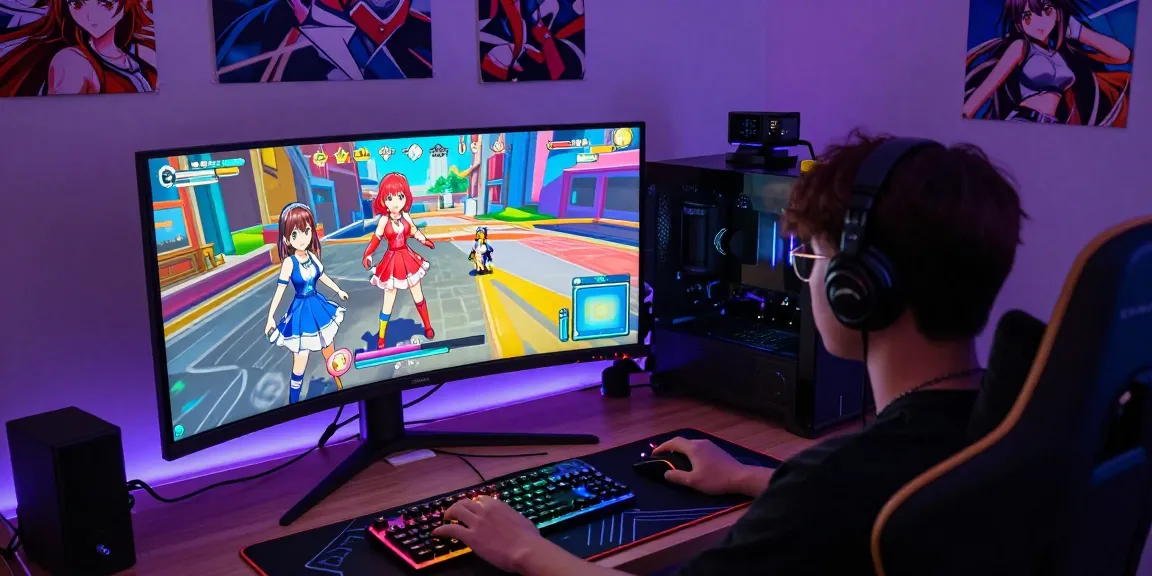 Engaged gamer playing an ecchi game on a vibrant setup with RGB lights and anime graphics.