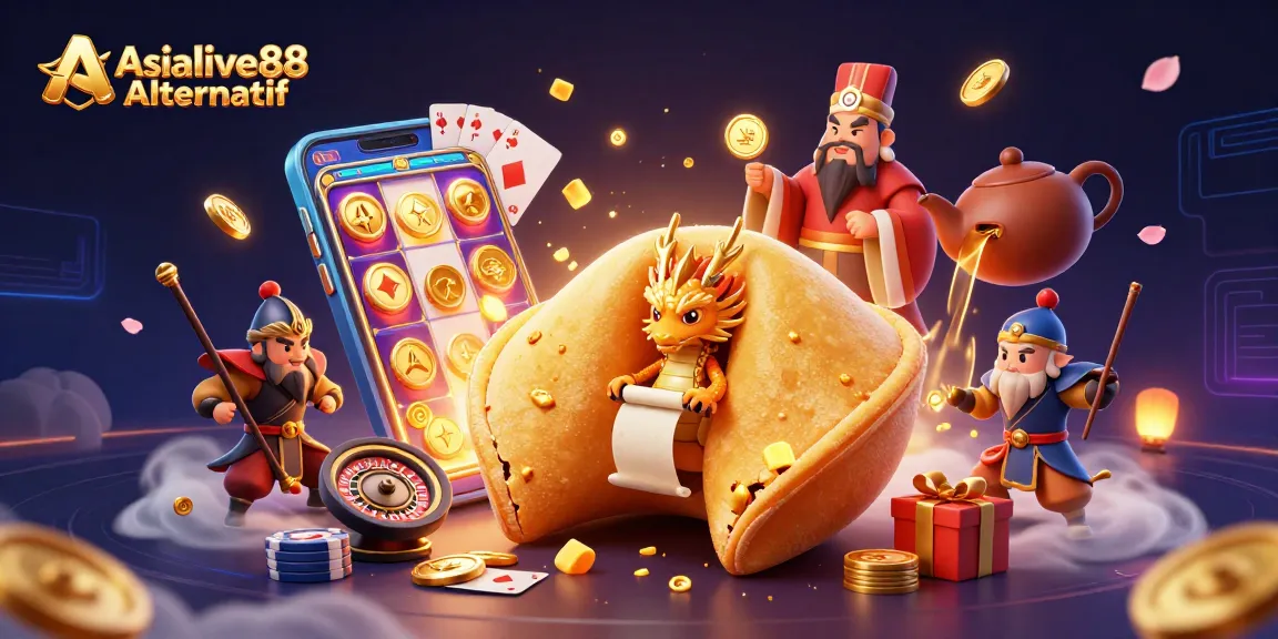 Spin the reels with Asialive88 Alternatif, featuring a golden fortune cookie and valuable treasures.