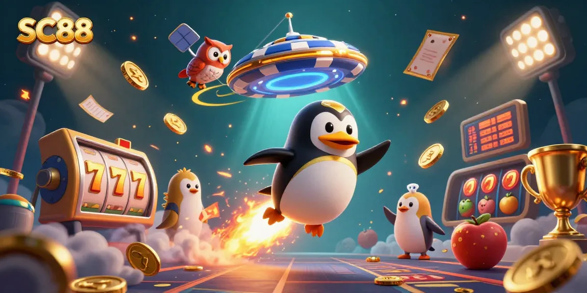 Experience exciting gaming at SC88, featuring golden penguins and jackpot slots in a vibrant casino universe.