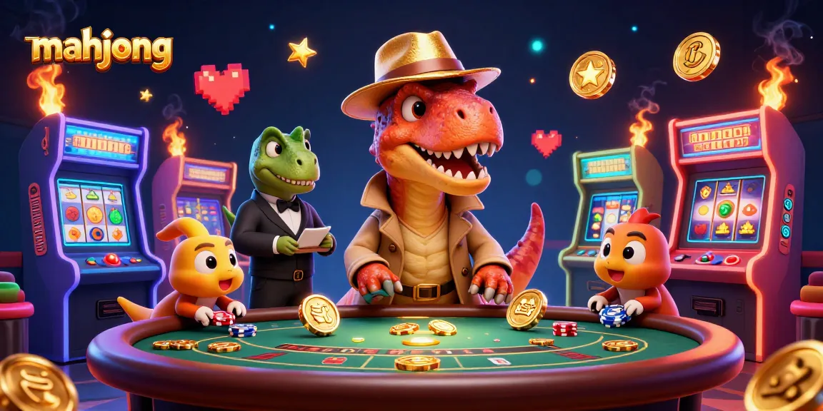 Play mahjong with a cartoon velociraptor in a casino, surrounded by vibrant game elements.