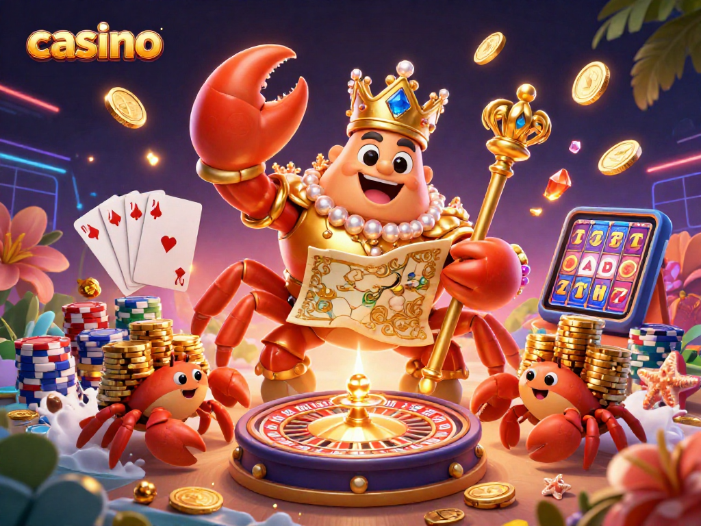 Experience the vibrant casino scene as a golden crab emperor and treasure map guide you through thrilling wins.