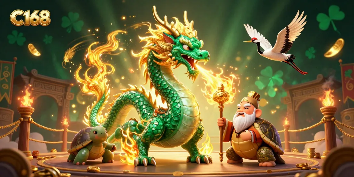 C168 slot game excitement with dynamic dragon, turtle sage, and flying cranes showcasing vibrant casino elements.