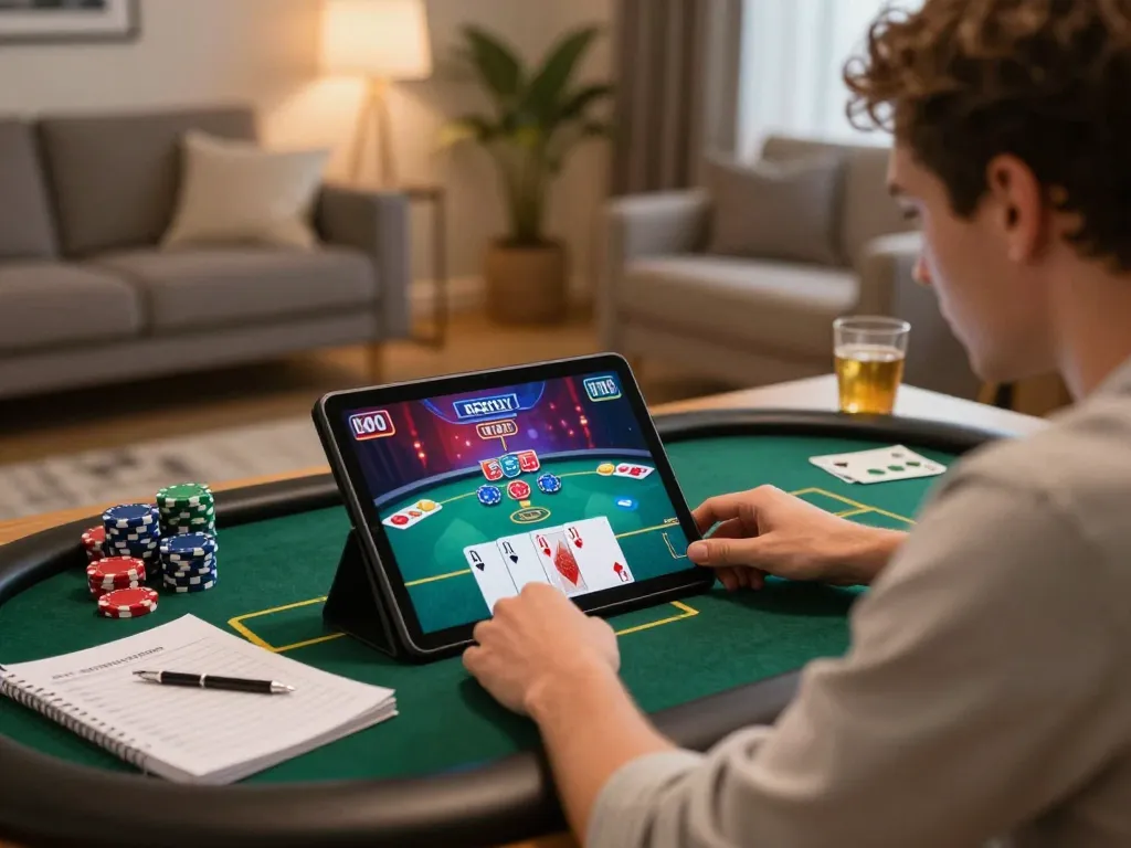 Player engaging in an SC88 poker game on a tablet, emphasizing strategic gameplay and responsible gambling.