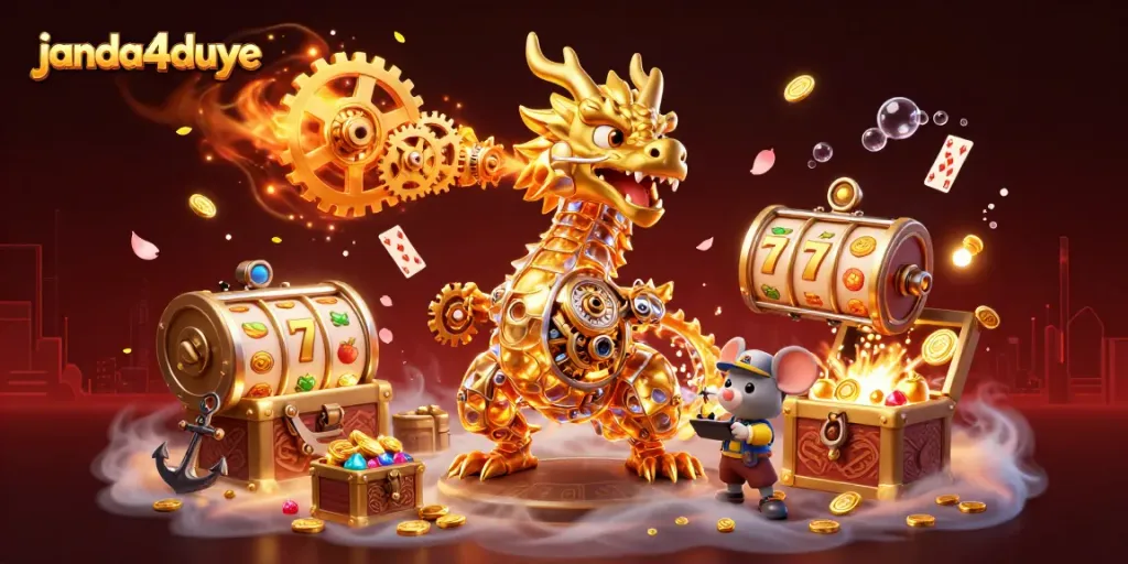 Janda4duye menampilkan slot dengan naga biomekanik dan simbol keberuntungan yang bersinar.