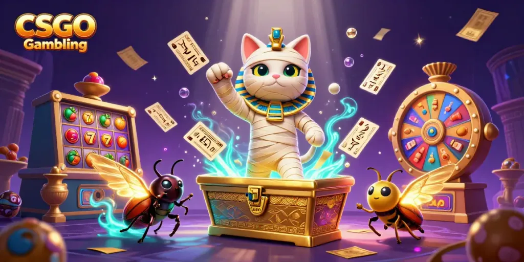 Engaging CSGO Gambling scene with a mummy-cat and scarab beetle amidst slot reels, confetti, and vibrant elements.