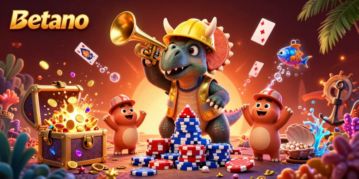 Betano showcases an exciting casino scene with a dynamic 3D illustration featuring a triceratops building poker chips.