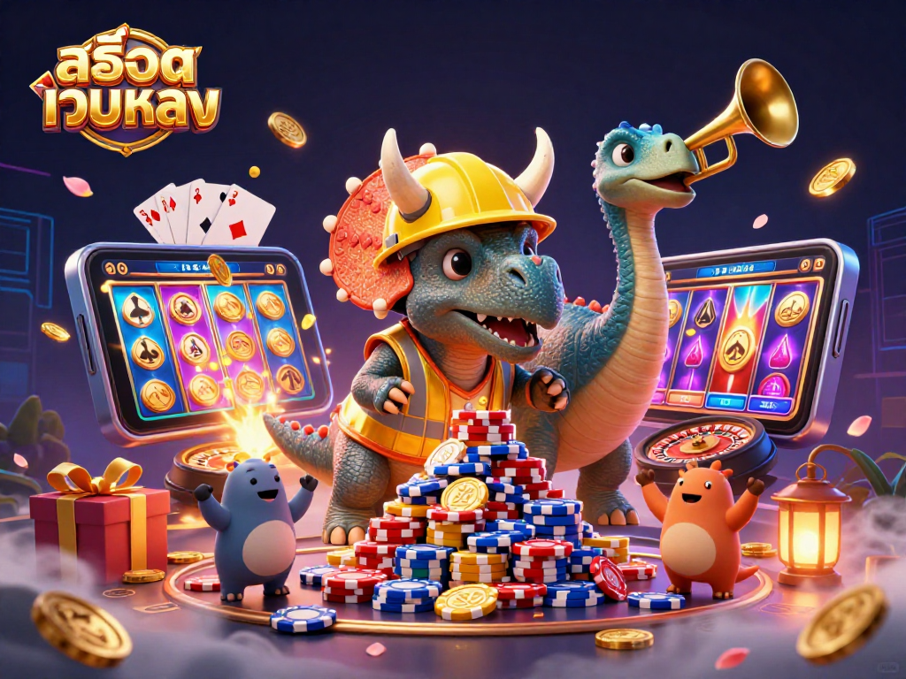 Engage with สล็อตเว็บตรง and witness a lively 3D scene celebrating online slots with animated characters.