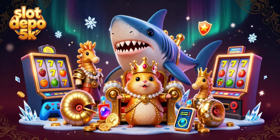Slot depo 5k menampilkan raja hamster emas di singgasana ikan hiu dengan mesin slot keberuntungan mengelilinginya.