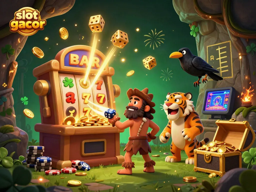Experience the excitement of slot gacor with a vibrant prehistoric casino scene featuring animated characters and rich symbols.