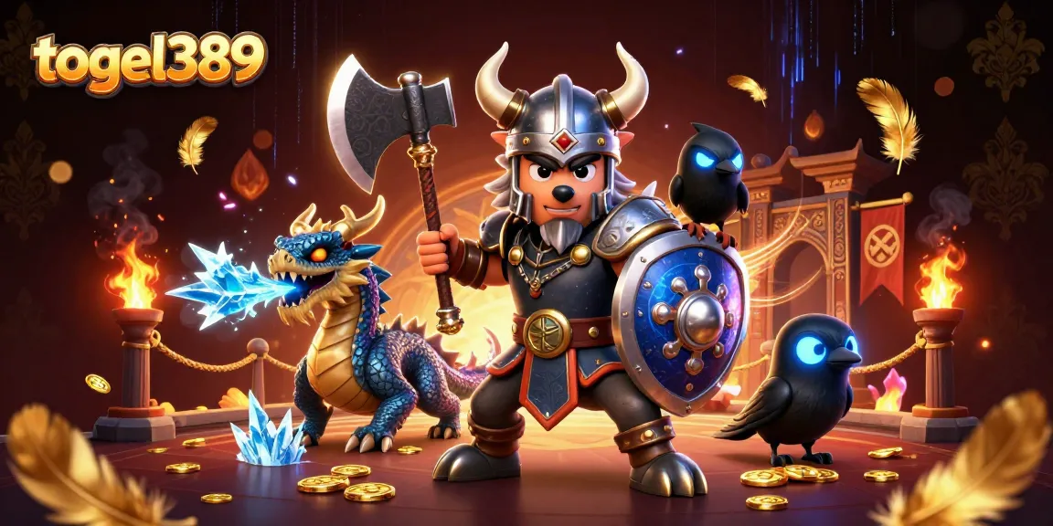 Engage in thrilling gameplay with togel389, featuring a Viking wolf warrior, dragon, and raven in a rich casino scene.