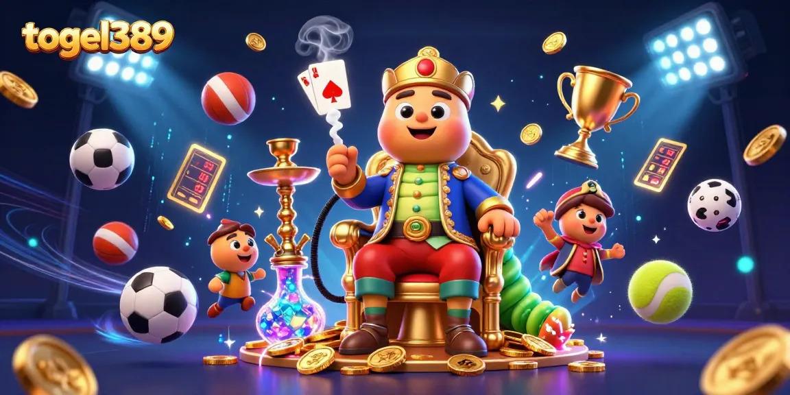 Engage in the thrill of togel389 with a vibrant, casino-themed 3D illustration featuring dynamic sports elements.