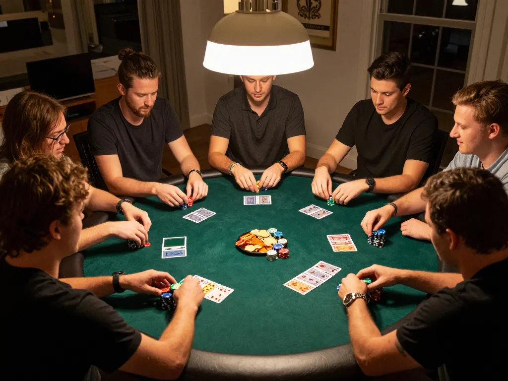 Engaged players at home poker night strategizing with kp88 chip stacks and cards