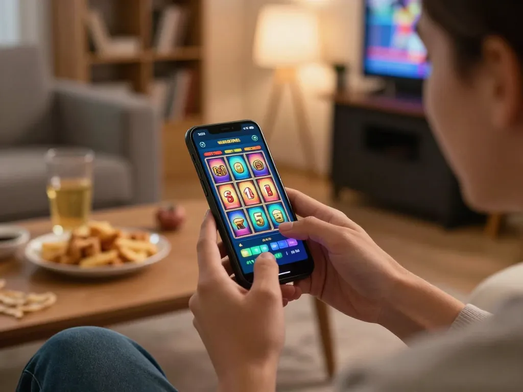 Engaging in online slot gacor gameplay using a smartphone to tap the spin button.