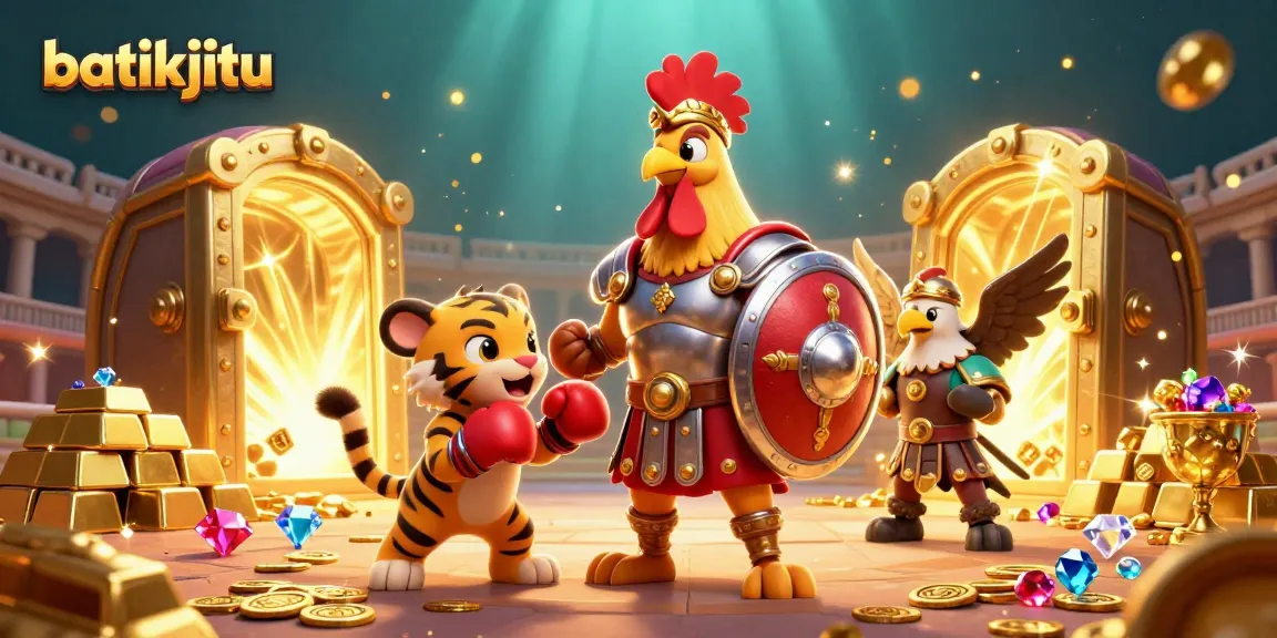 Batikjitu menghadirkan gladiator ayam beraksi dalam arena dengan tumpukan harta berkilau yang menggoda.