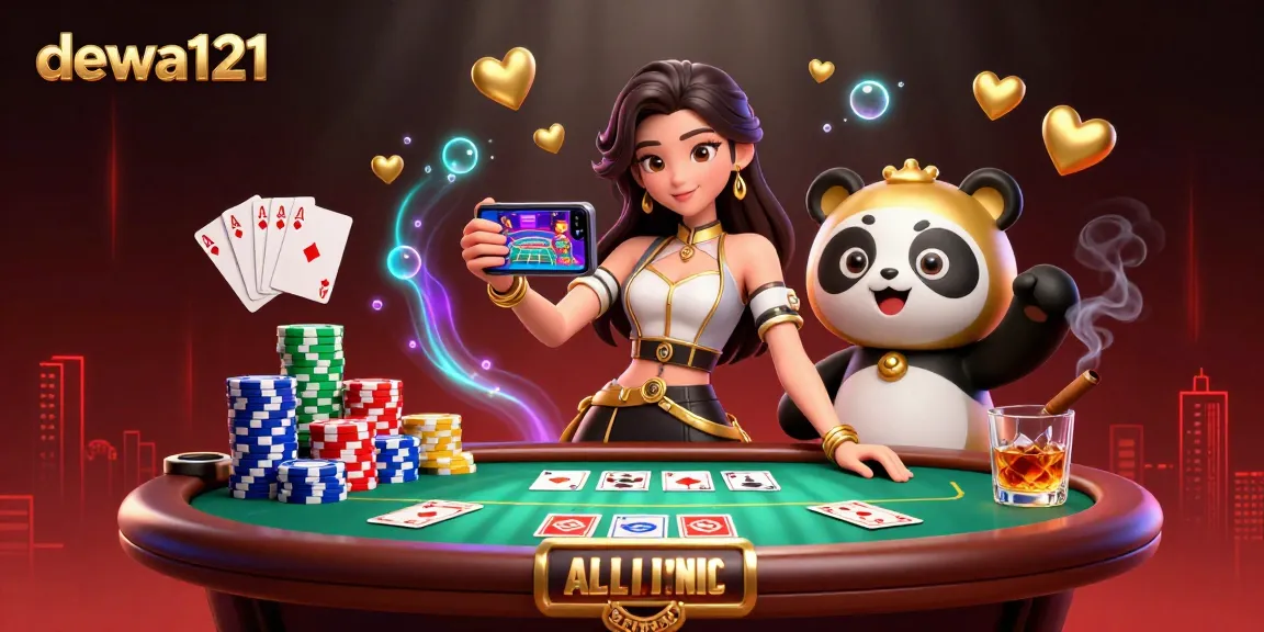 Dewa121 menampilkan suasana kasino yang hidup dengan seorang wanita Asia yang penuh kegembiraan dan maskot panda emas, memperlihatkan permainan slot dan elemen poker yang dinamis.