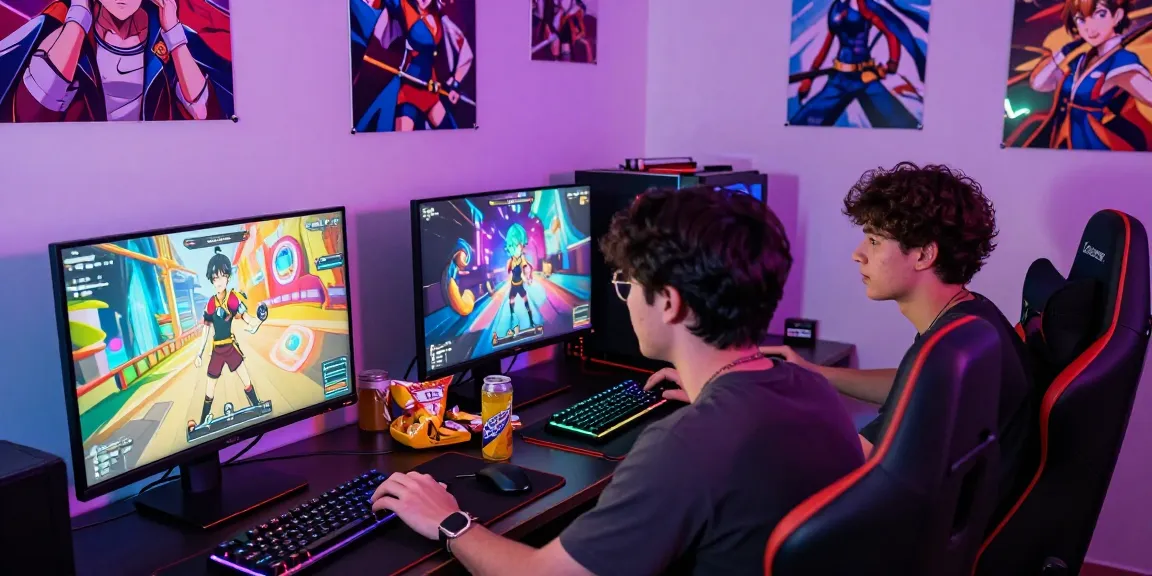 Gay hentai game action scene with two players enjoying an immersive experience in a lively gaming setup.
