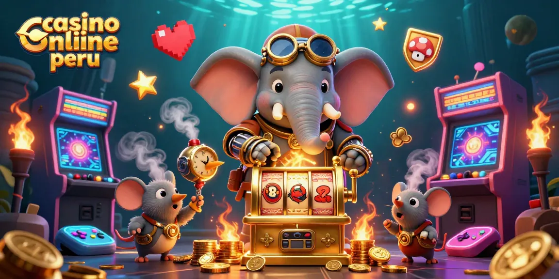 Juega en casino online Perú con la mano de un ingeniero elefante mecánico en un entorno vibrante y colorido.