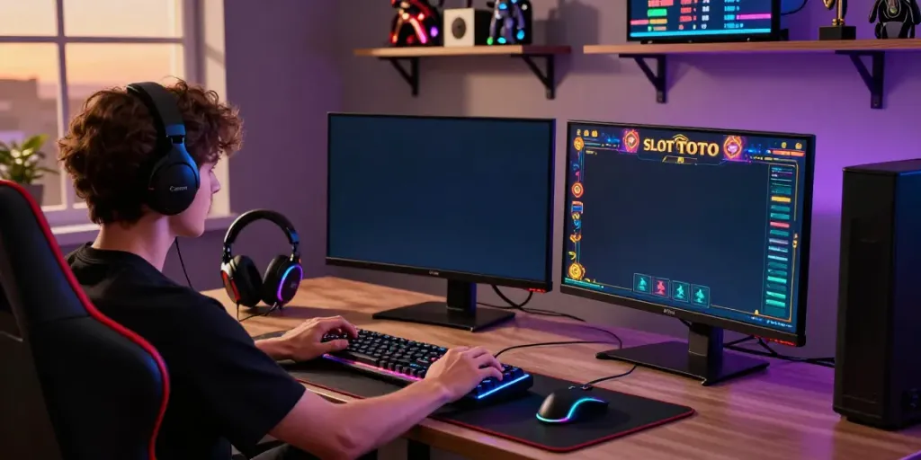 Intense gaming setup with a player focused on SLOT TOTO games, illuminated by RGB lights.