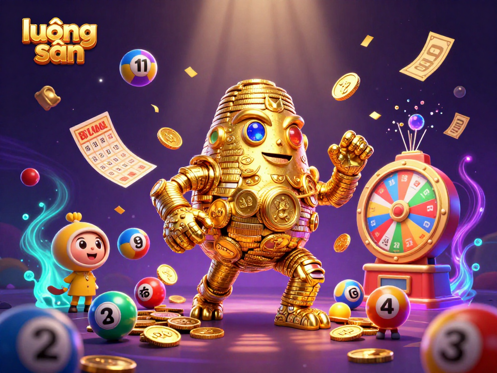 Explore lương sơn gaming strategies with a dynamic 3D illustration of a golden golem amidst vibrant gambling elements.