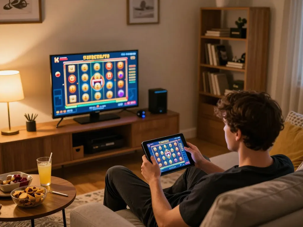 Engaging experience at f8betlv, player enjoying online slot game on tablet in a cozy home setup.