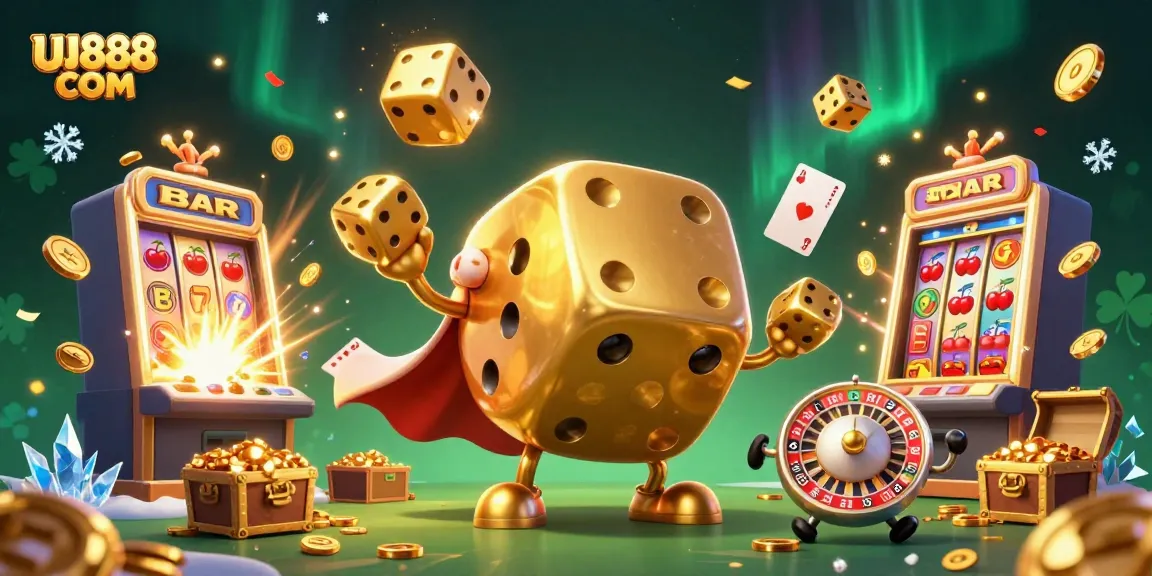 Experience the fun of UU888 COM with a vibrant casino illustration featuring golden dice and slot machines.