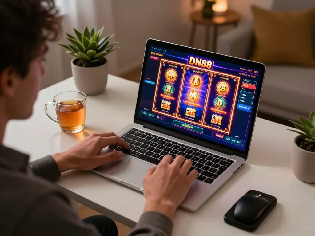 Player enjoying DN88 online casino games in a cozy gaming setup with laptop and drinks.
