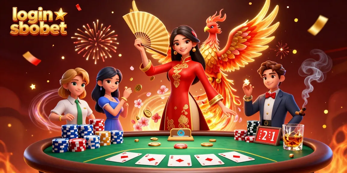 Engage with the vibrant casino scene to login sbobet, featuring a graceful woman and a phoenix among poker chips.