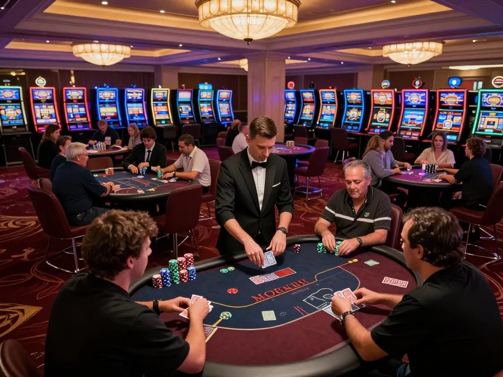 Engaged players at TR88 poker tables experiencing exciting gameplay amidst vibrant casino lights