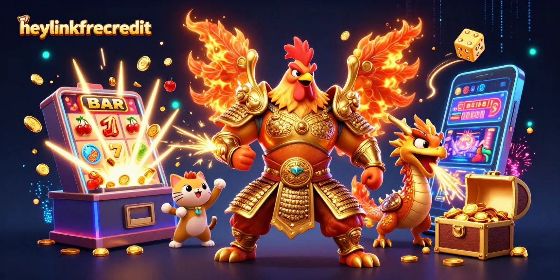 heylinkfreecredit showcases a lively casino scene with a rooster warrior and dragon hatchling.