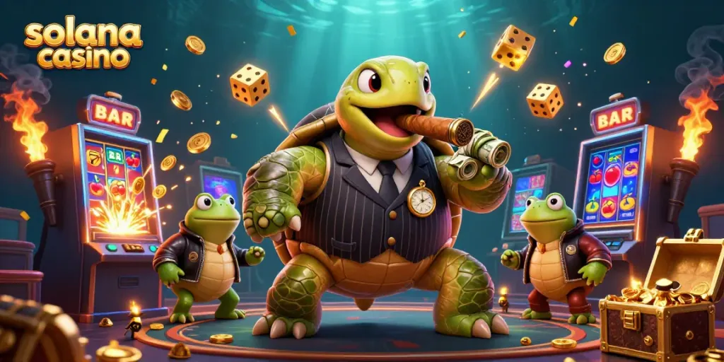 Engaging scene of solana casino with cartoon turtle mobster and bullfrog enforcers amidst lively game elements.