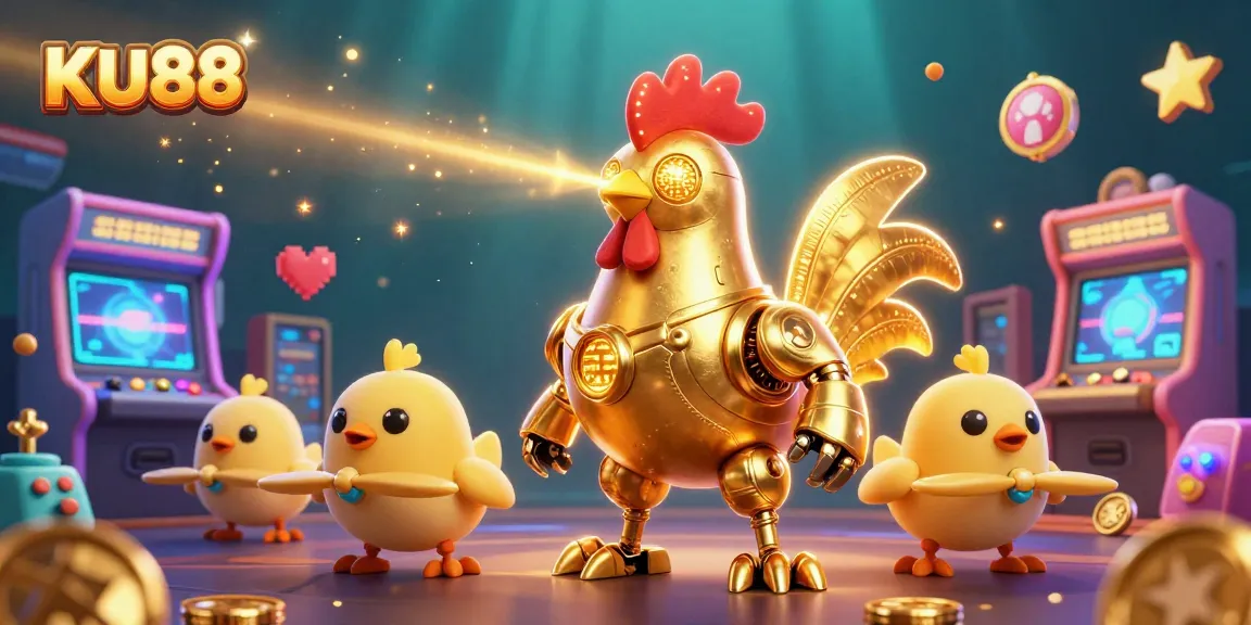 Engage with KU88 through vibrant 3D cartoon action featuring a golden rooster robot amidst casino game elements.